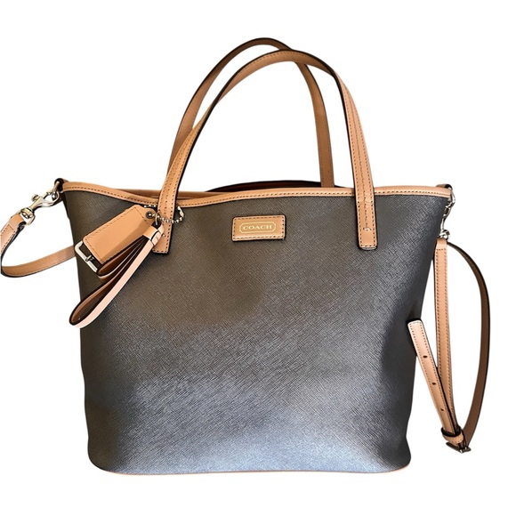 Coach Handbags - Coach Pewter and Tan Women's Tote Bag with Optional Removable Cross Body Strap